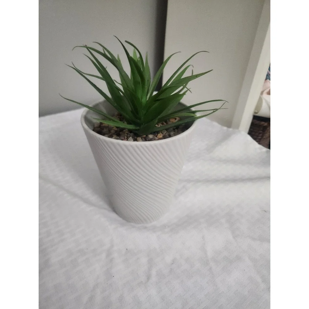 Faux Succulent in White Spiral Textured Ceramic Pot Artificial Green Plant Decor